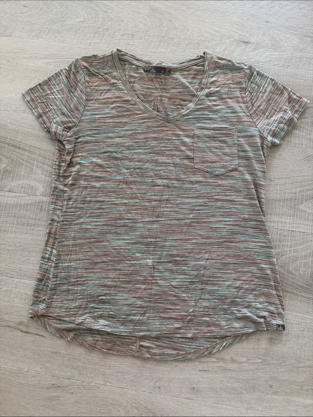 Prana Striped V-Neck Tee in Green and Brown soft modal fabric size M